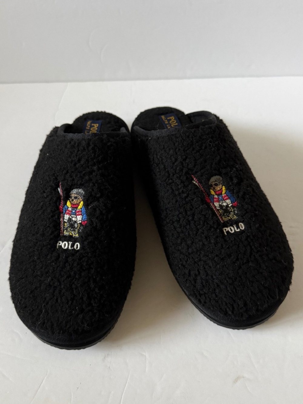 NWOB Polo Ralph Lauren Kayleigh Sherpa Ski Bear Mule Slippers Black Size 10